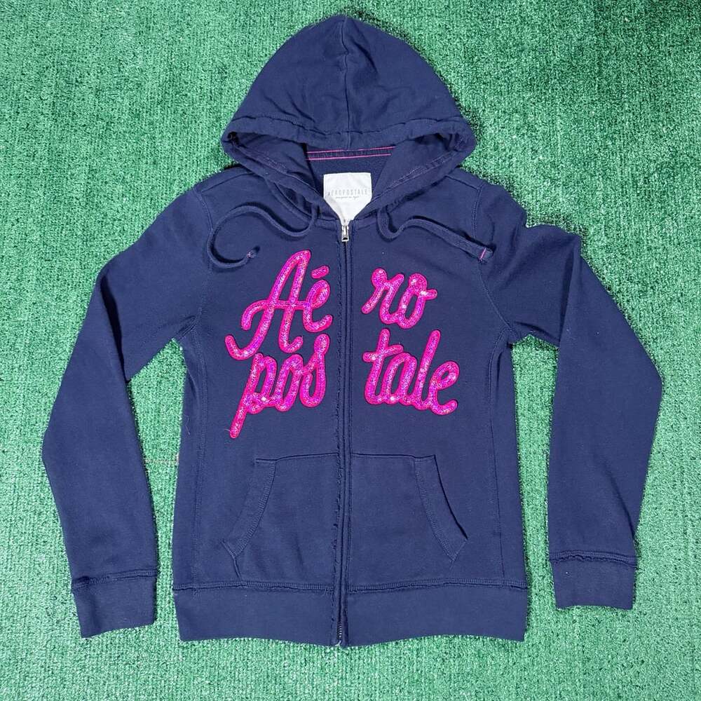 Y2K Womens Aeropostale Navy Blue and Pink Sequin Logo Zip Up Hoodie Medium